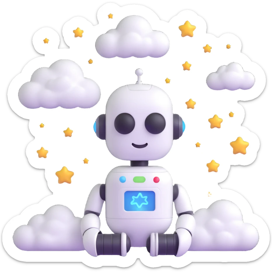 minimalist 3D cartoon-style icon of a peaceful robot with a pill-shaped head, eyes closed, gentle smile, with clouds and stars around the head, simple clean lines sticker