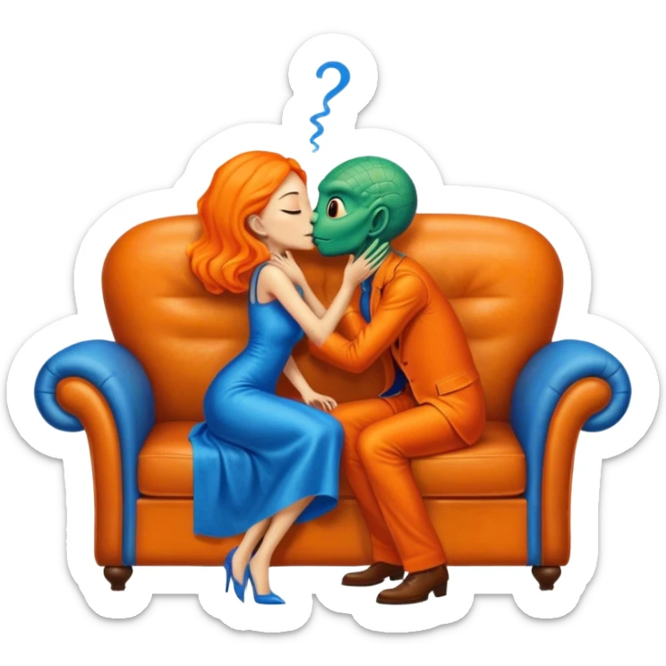 A reptilian alien woman in orange dress kissing human man in blue dress, on sofa sticker