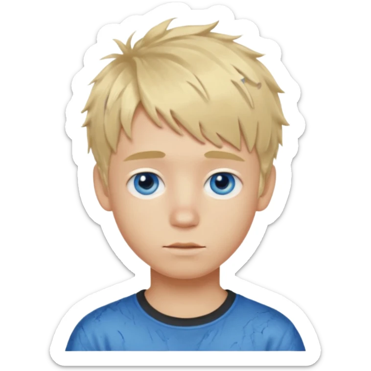 A blonde boy with blue eyes and a messy textured fringe hairstyle with no side part sticker