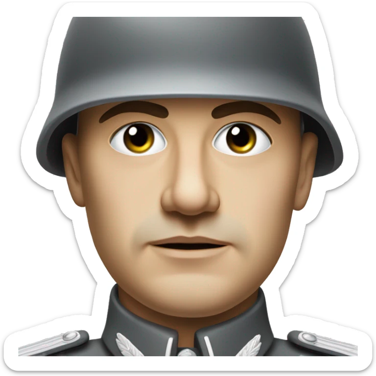 serious german soldier the middle of the XX century photorealistic gray uniform detailed face with wrinkles, closed mouth, small eyes  sticker