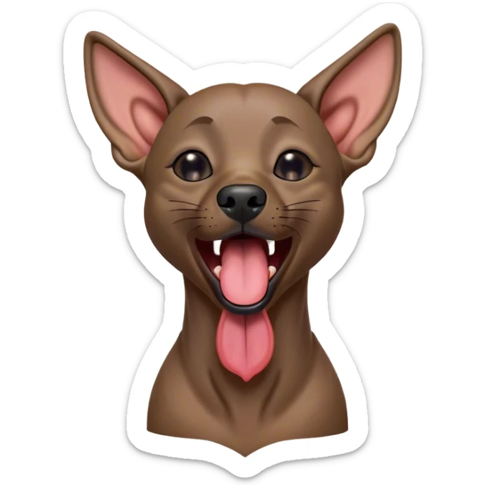 Cinematic Cute Yawning Xoloitzcuintle dog Portrait Emoji, Head tilted slightly with a dramatic, wide-open yawn, showcasing smooth, hairless ebony skin with gently relaxed wrinkles and floppy ears slightly drooping, round dark eyes barely open in drowsy contentment, Simplified yet irresistibly adorable features, highly detailed, glowing with a soft, cozy glow, high shine, relaxed yet expressive, stylized with a touch of whimsy, bright and endearing, soft glowing outline, capturing the essence of a sleepy yet affectionate guardian, so drowsy it feels like it could stretch out of the screen and curl up for a nap! sticker