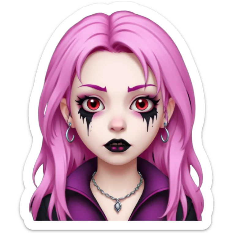girl, pale vampire, pink hair, very long, shaggy, dark, spooky,double eyebrow dermal piercing, creepy expression sticker