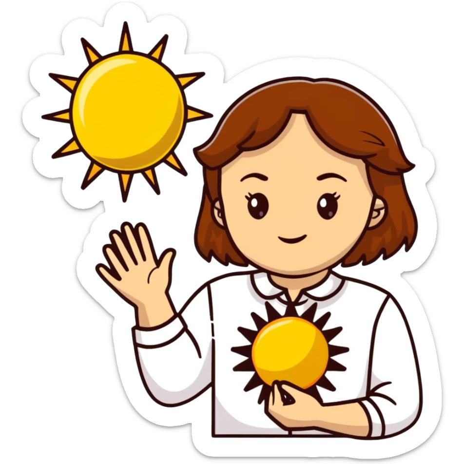 A young Ukrainian girl with brown hair wearing a white embroidered shirt holds the sun in her hands sticker