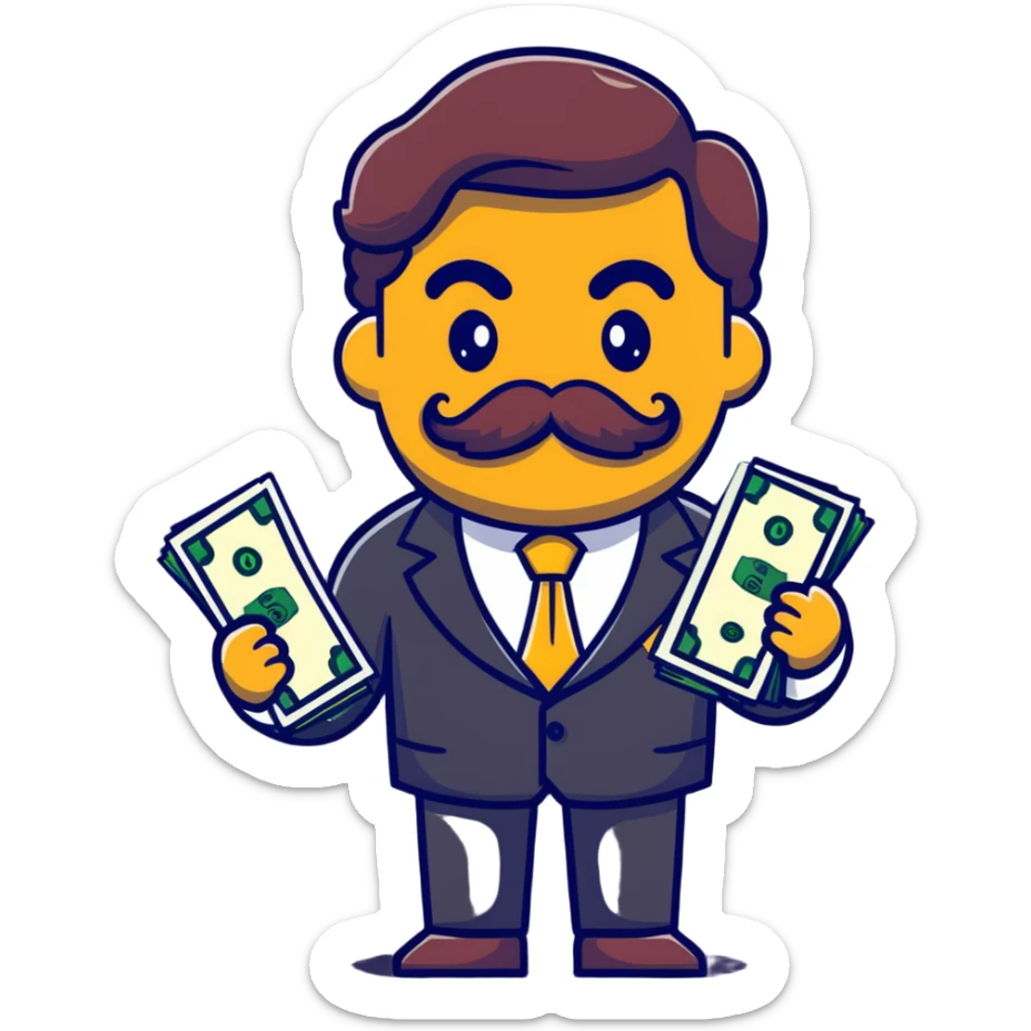 Finance broker with enormous curly mustache, business suit, dollar sign eyes, holding money sticker