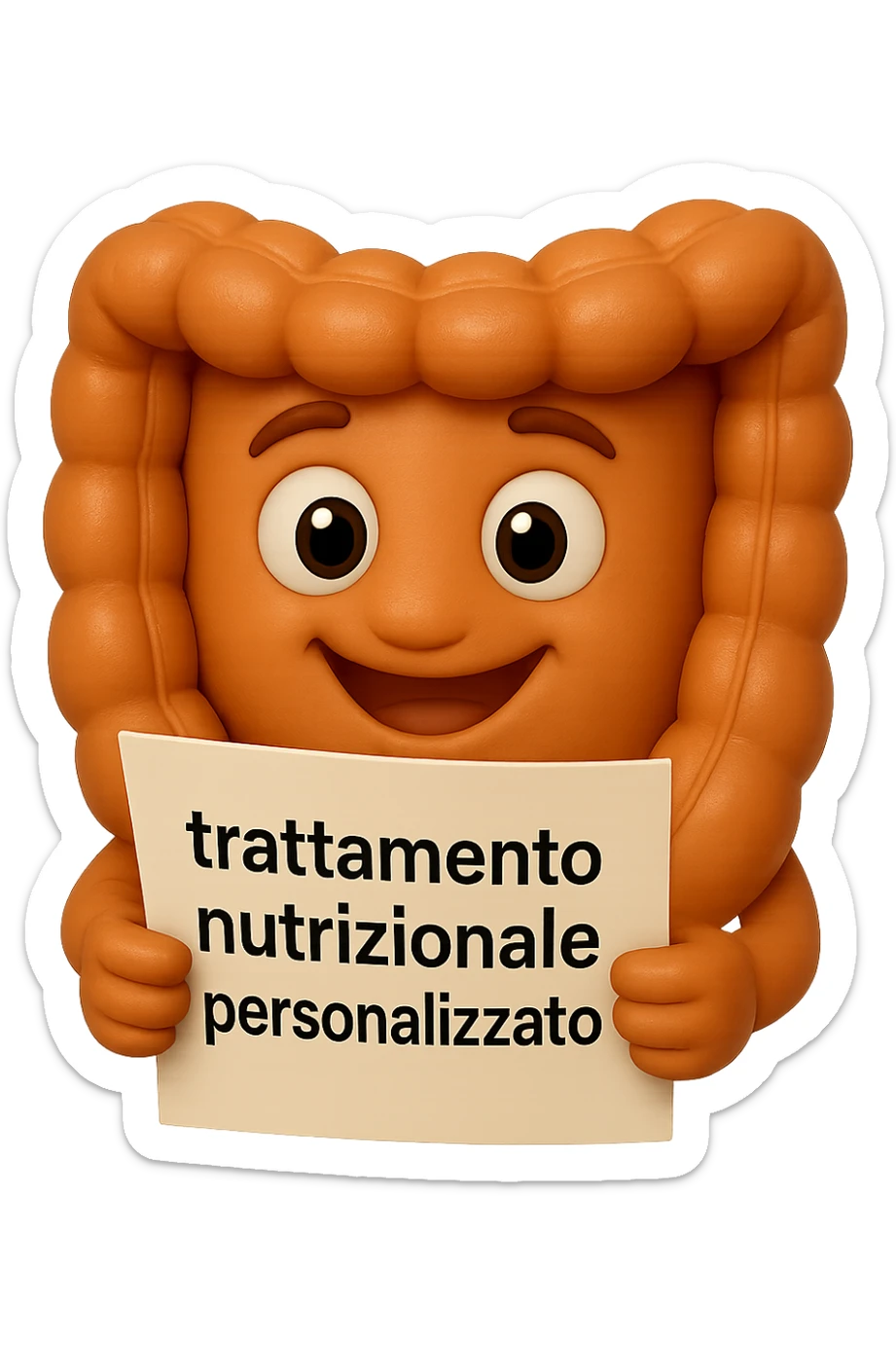 emoji stile iphone di un intestino realistico felice che legge un foglio con la scritta "trattamento nutrizionale personalizzato", non fargli il naso, iperrealistico 4k sticker
