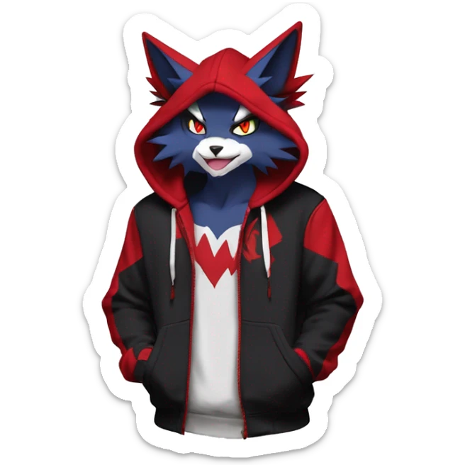 Edgy Cool Anthro Zoroark-Zangoose-Litten Fakemon Fursona Hoodie Full Body sticker