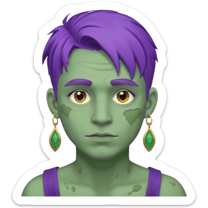 purple haired man with full full face dirty messy green clay mask and earrings sticker