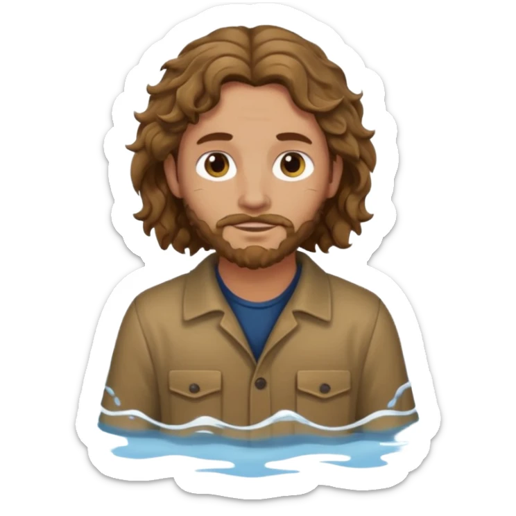 John the Baptist with wavy hair, wearing simple plain clothes, in water, emoji style sticker