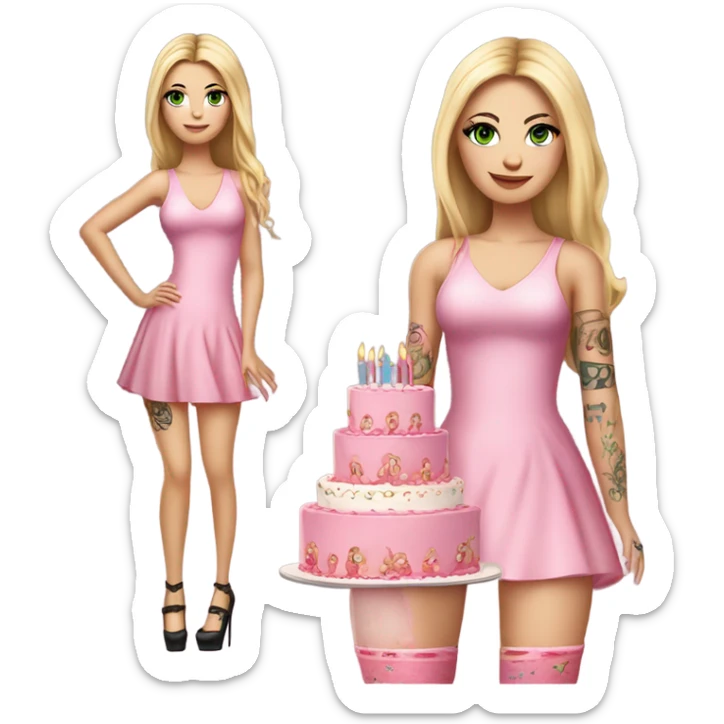 Realistic White girl with Long straight blonde hair, green eyes, tattoos, full body wearing pink dress and High heels, holding pink birthday cake sticker