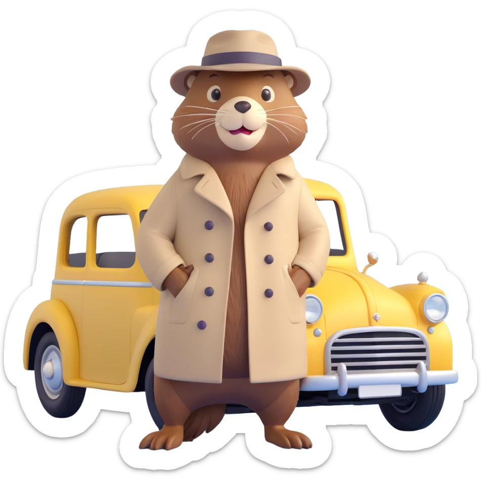 beaver in a trench coat and hat, leaning against a vintage car, gangster theme sticker