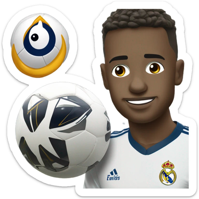 Create a crying Vinicius emoji in Real Madrid gear next to the Santiago Bernabéu stadium sticker