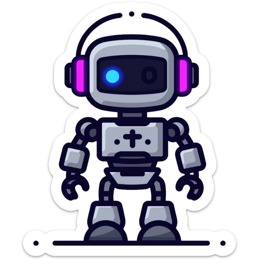 chatbot robot in gray color, with neon glow lines, blue neon glow on top left, purple neon glow on bottom right sticker