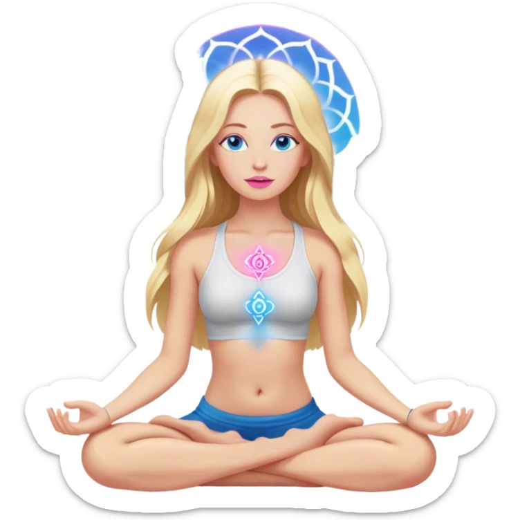 Cinematic realistic blonde with long hair, blue eyes and pink lips meditates, her chakras glow sticker