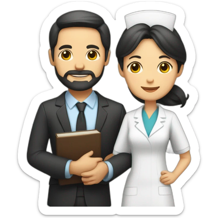 husband middle-aged trimmed beard wearing business suit holding bible, wife asian middle-aged black long hair nurse, with no children sticker