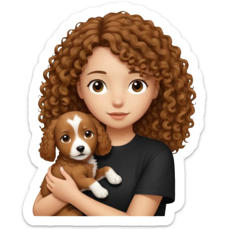 A girl with shoulder-length hair, dressed in a black tee, gently holding a curly-haired brown dog in her arms." sticker