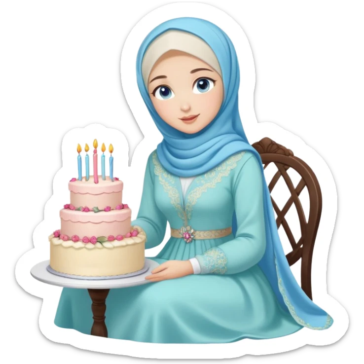 Turkish beautiful finish Konya girl blue eyes with pastel hijab long tail dress and sits on the chair and holds floral cake with her hand  sticker