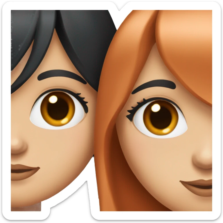 Girl with long black hair, long eyelashes and blue eyes taking picture with girl who had light copper red hair, blue eyes and long eye lashes sticker