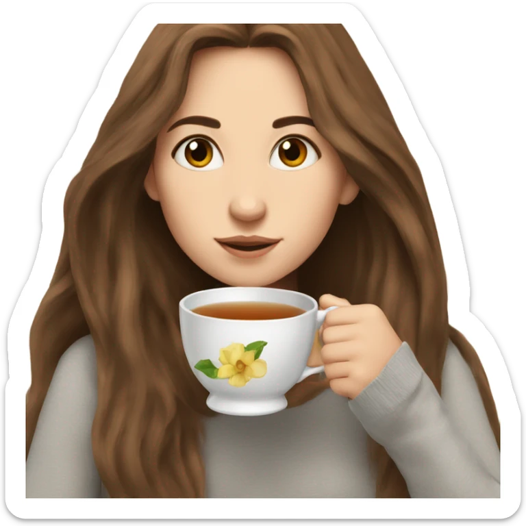 Girl sipping tea with long and brown hair and with body sticker