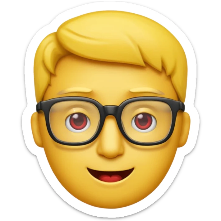 Créer un emoji nerd le perso doit être une tête basique d'emoji jaune avec une grosse paire de lunettes rectangulaires noires 3 boutons sur chaque joue et une dent qui dépasse  sticker