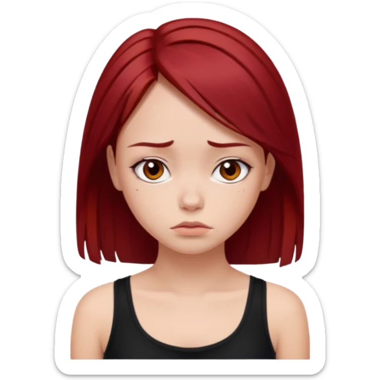 a pretty bratz fair girl with dark red straight hair, black cami top, looking sad sticker
