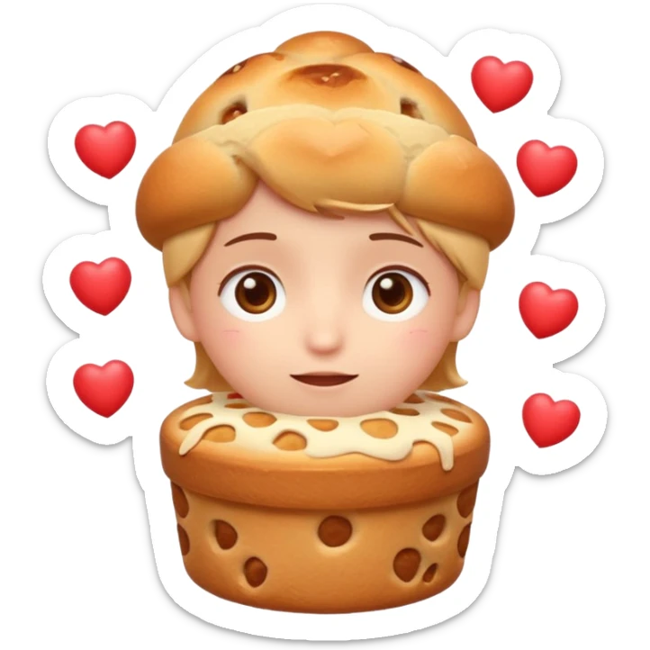 Apple-style emoji illustration of a cuteperson  with dreamy eyes thinking of a traditional panettone, small hearts floating around, soft 3D emoji style, smooth gradients, rounded shapes, warm festive colors, simple expression, centered composition, transparent background, no text. sticker