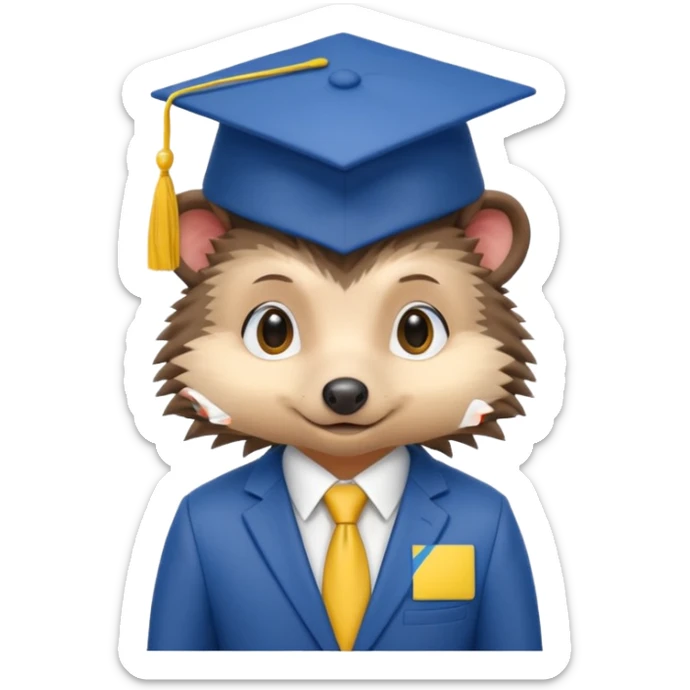 A hedgehog student in a suit in the color of the Ukrainian flag in a square academic cap sticker