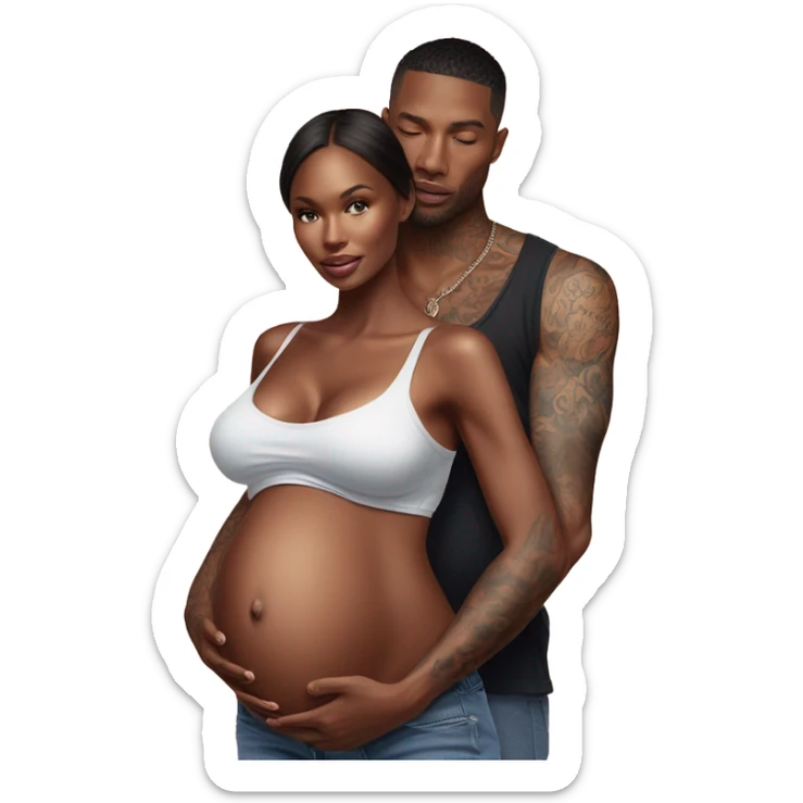 Photo of a Victoria secret model pregnant with a tattooed male model with his hand on her stomach  sticker