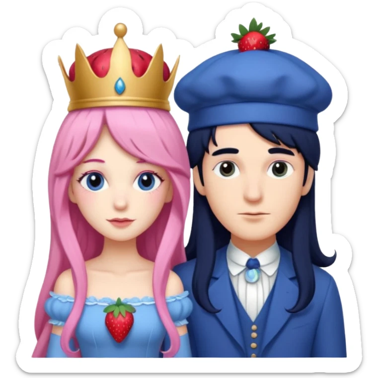 pale blueberry prince man. Handsome with long black hair blueberry hat and clothes next to pale strawberry princess woman with strawberry hat eyelashes long pink hair and Pink strawberry dress sticker