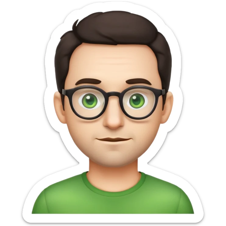 simple male emoji with poofier slightly curly dark hair, big ears, pale skin, glasses, green eyes, light stubble sticker