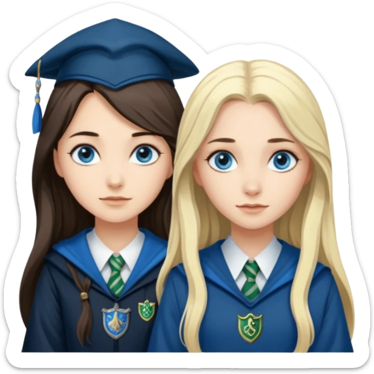 a pretty ravenclaw girl with long dark brown hair and blue eyes standing with a pretty Slytherin girl with long blonde hair, blue eyes sticker