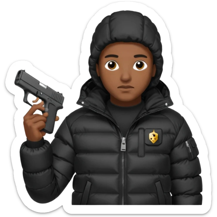african american wearing a black puffer jacket with the hood on and holding a glock 26 sticker