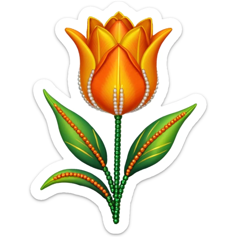 french beaded tulip, floral craft, sparkling glass beads, orange and yellow gradient petals, green foliage, realistic, elegant, no background sticker