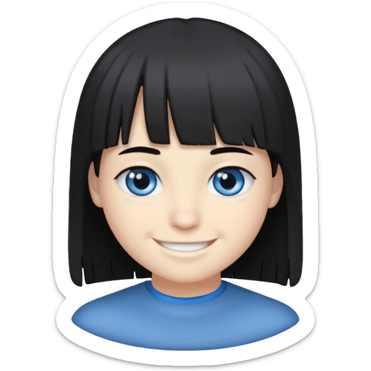 Grey furry fox with a black coat, blue eyes, and a small fringe of black hair, smiling sticker