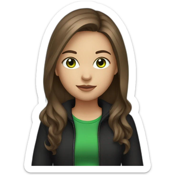 girl with long brown hair, green eyes,in black jacket, with grey laptop sticker