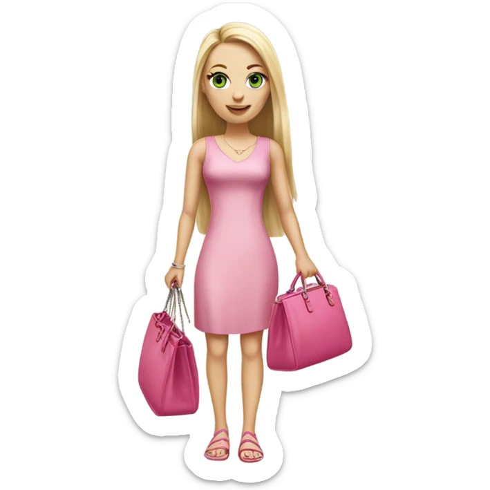 Realistic White girl with Long straight blonde hair and green eyes, tattoos, full body wearing pink dress, holding pink handbag sticker
