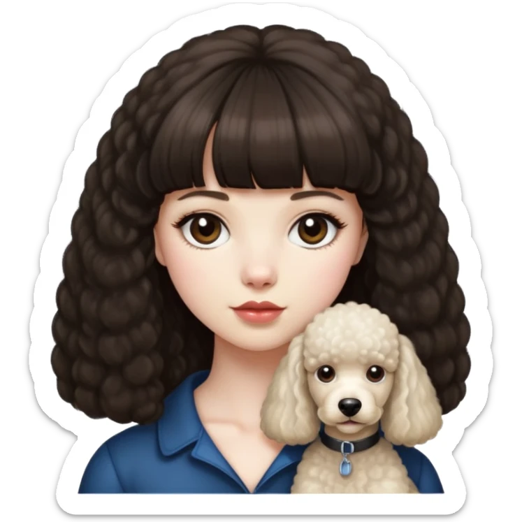 Girl with pale skin and waist length dark-brown hair with bangs, with dark brown eyes and plump lips. She had a standard poodle who is light blonde color. He doesn’t have a poodle haircut just natural hair  sticker