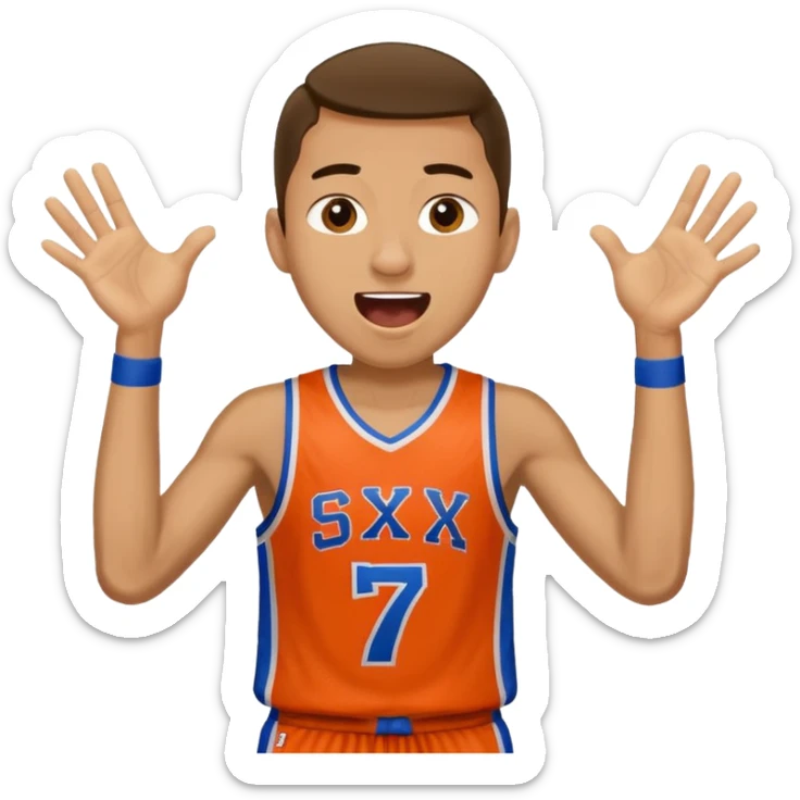 Maverick Trevillian in the crowd at an amateur basketball game. He leans towards the camera and enthusiastically shouts "six seven sticker