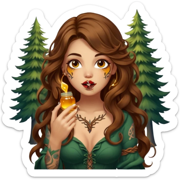 woman with long wavy brown hair, tattoos, forest mystic outfit, licking glowing honey from fingertip, flirty eyes sticker
