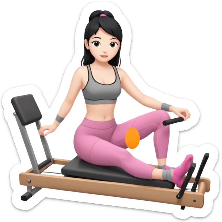 Create a Pilates emoji: a girl with fair skin and black hair, wearing a grey bra and grey leggings with pink pilates socks, doing sitted stomach massage on a wooden reformer. Make it look at the reformer. Make the colors neutrals. sticker