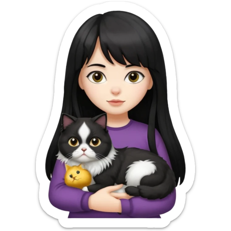 a girl with nearly black long hair and bangs, carrying a fluffy black and white Persian cat sticker