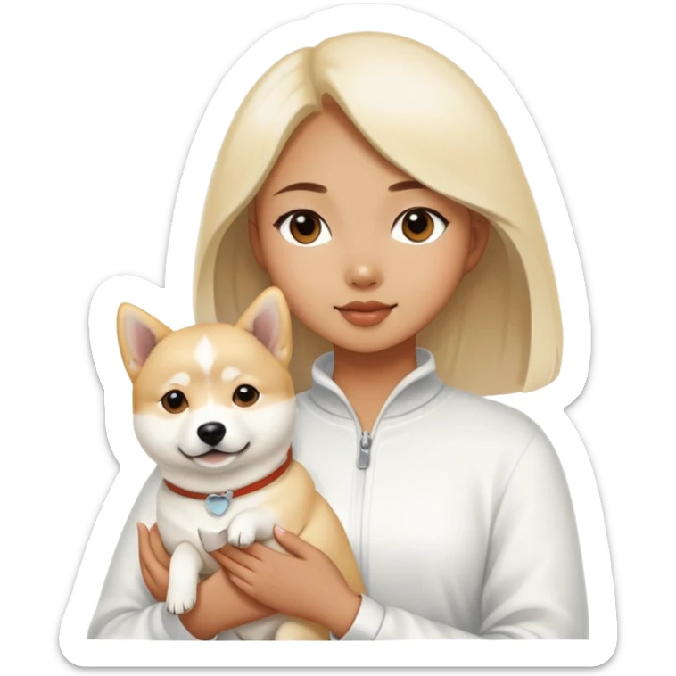 A beautiful girl holding a white Labrador and a white Shiba Inu sticker