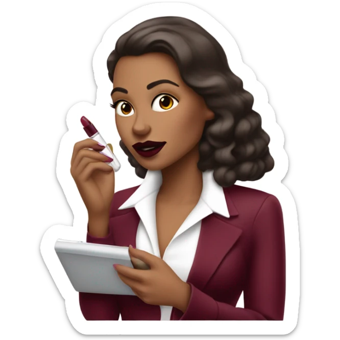 White brunette femme fatale dressed in burgundy putting lipgloss on her lips sticker