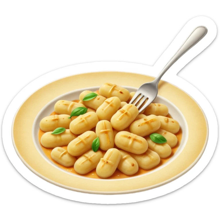 Gnocchi Cinematic Realistic Gnocchi Dish Emoji, depicted as tender oblong potato gnocchi garnished with iconic fork marks on top, rendered with soft textures and warm, inviting lighting. sticker