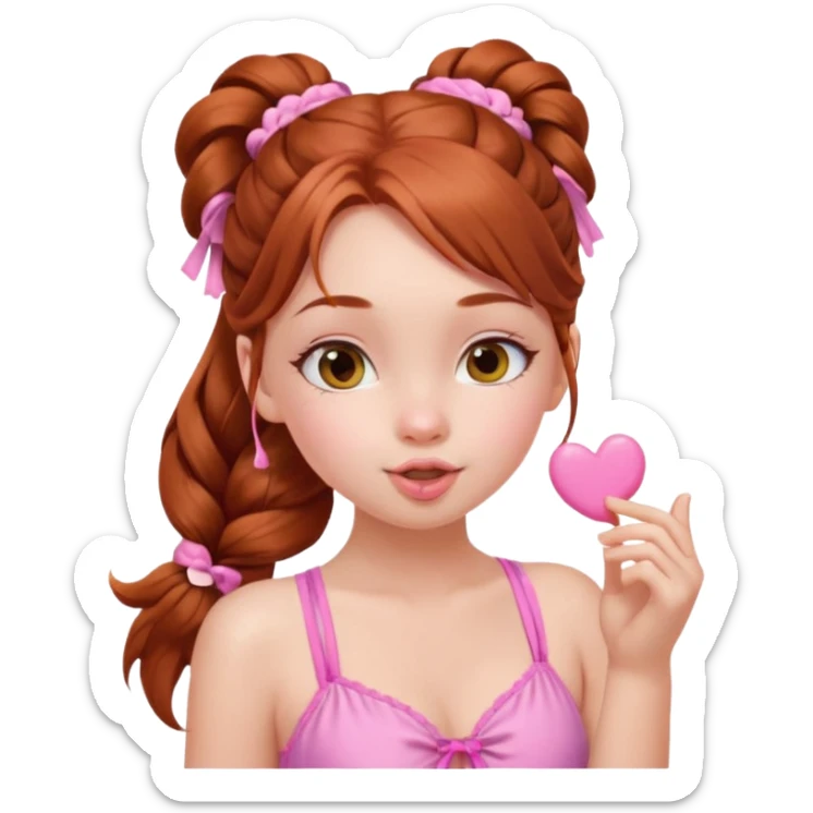 A cute ukrainian girl, with long auburn hair two side ponytails plaited, in her pink bathing costume, she's blowing a kiss. sticker
