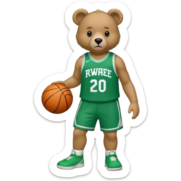 Bear with full body and wearing basketball green and white  jersey that says RWE  sticker