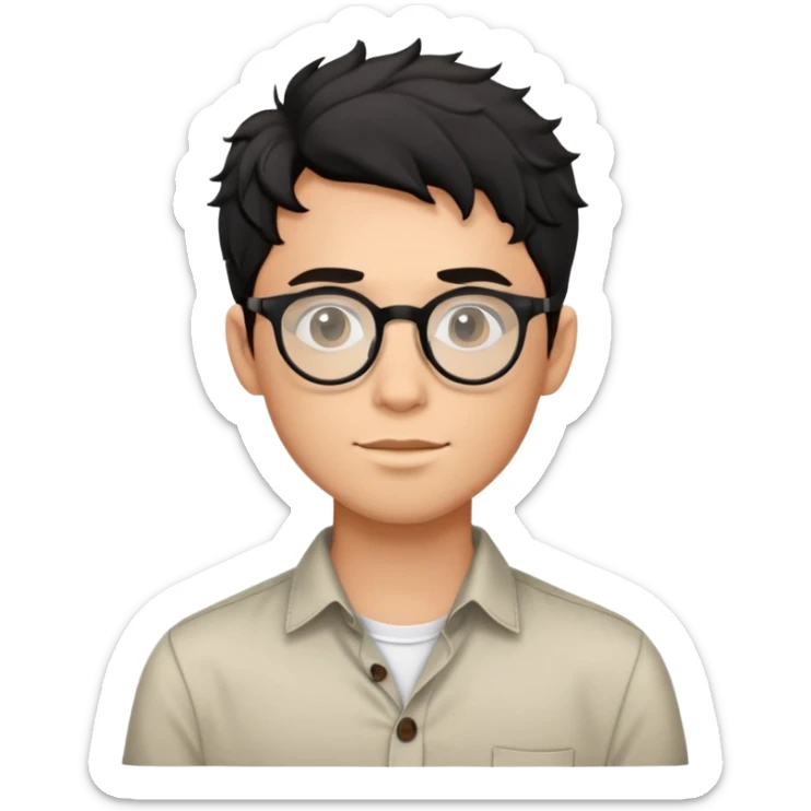 Torso view of young man with black wavy hair, round glasses, casual buttoned shirt, no tie sticker