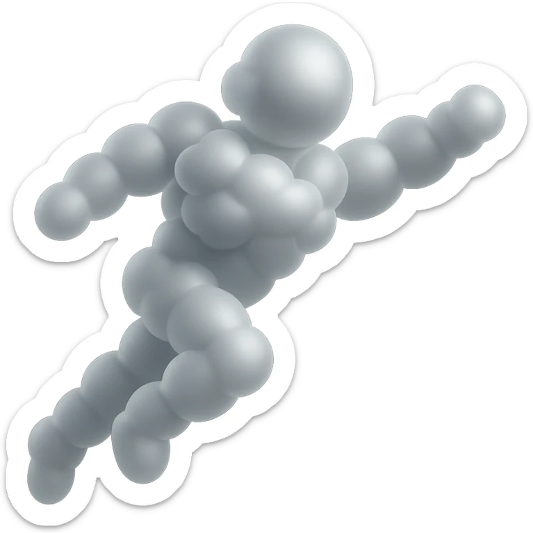 flying person made entirely of white convex clouds, matte glass style, no background, light dynamic sticker