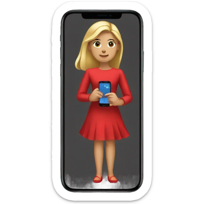 a girl in a red dress holding a cell phone sticker