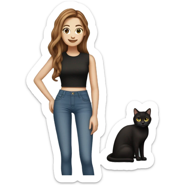 Skinny white women with long brown hair parted in the middle with a black crop top and baggy jeans holding a tabby cat sticker