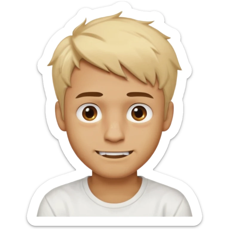 Male with short, messy blonde hair, large expressive golden-brown eyes, brown skin, scar over nose, crooked smile showing slightly damaged teeth, wearing a plain white t-shirt. sticker